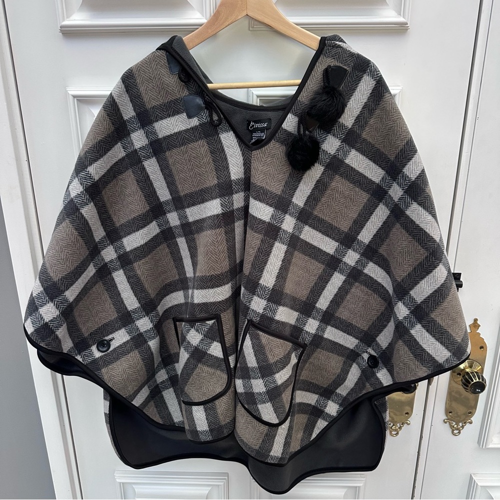 Classic Plaid Hooded Cape Coat - Brown/Black/White - Size L/XL